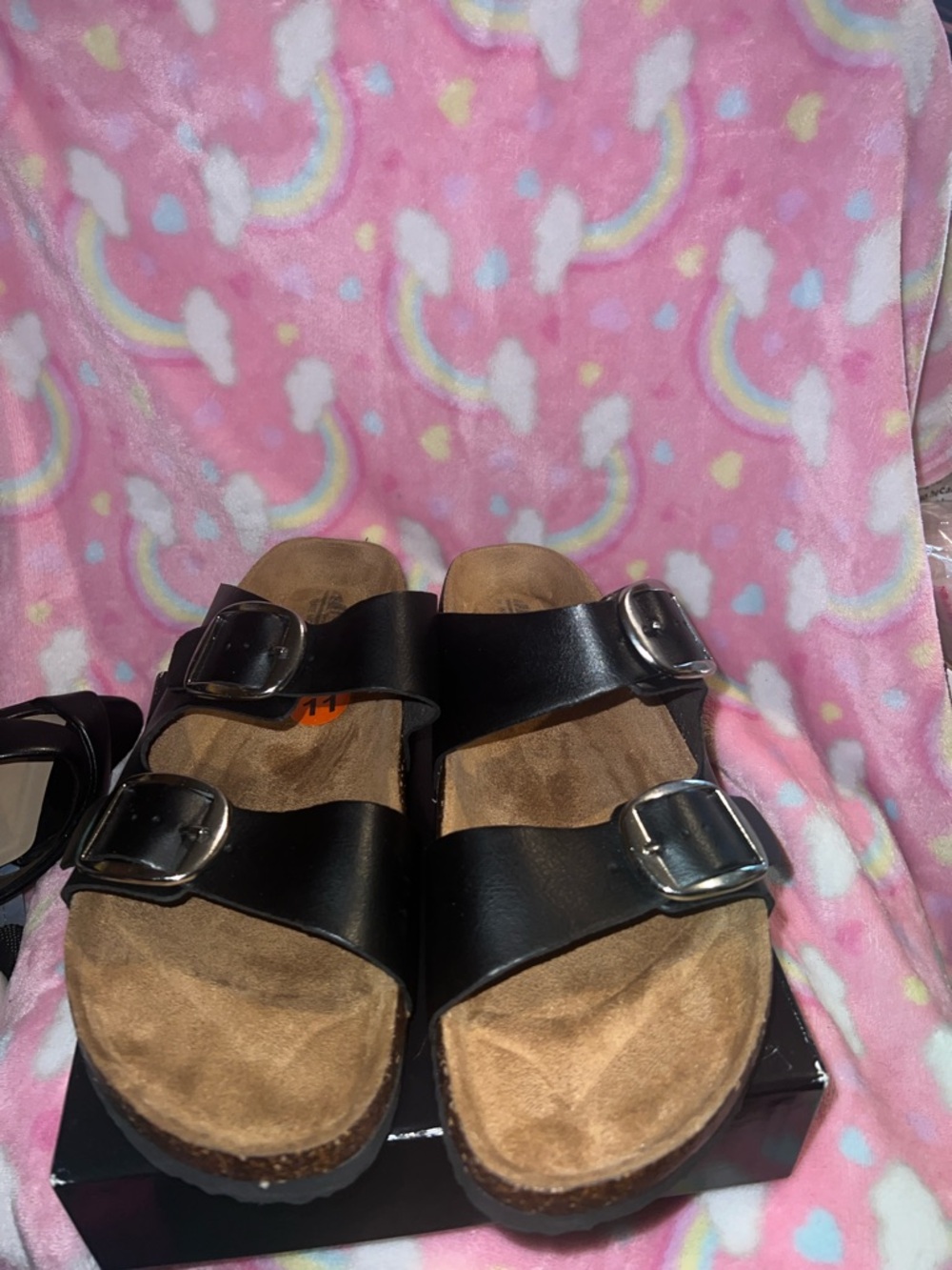 Cliffs withe mountain Black Double-Buckle Slide Sandals with Suede Footbed